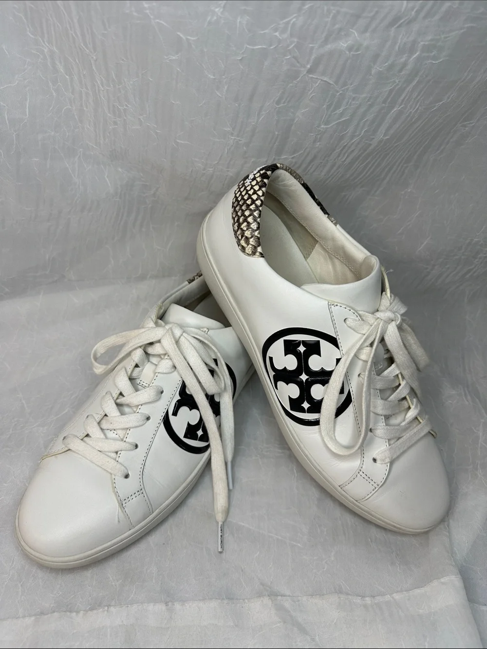 Tory Burch Leigh White Leather Sneakers with Black T Logo and Snake-Print Heel